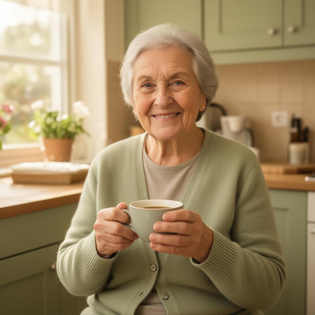 Erika, 78, in ihrer hellen Küche am Morgen