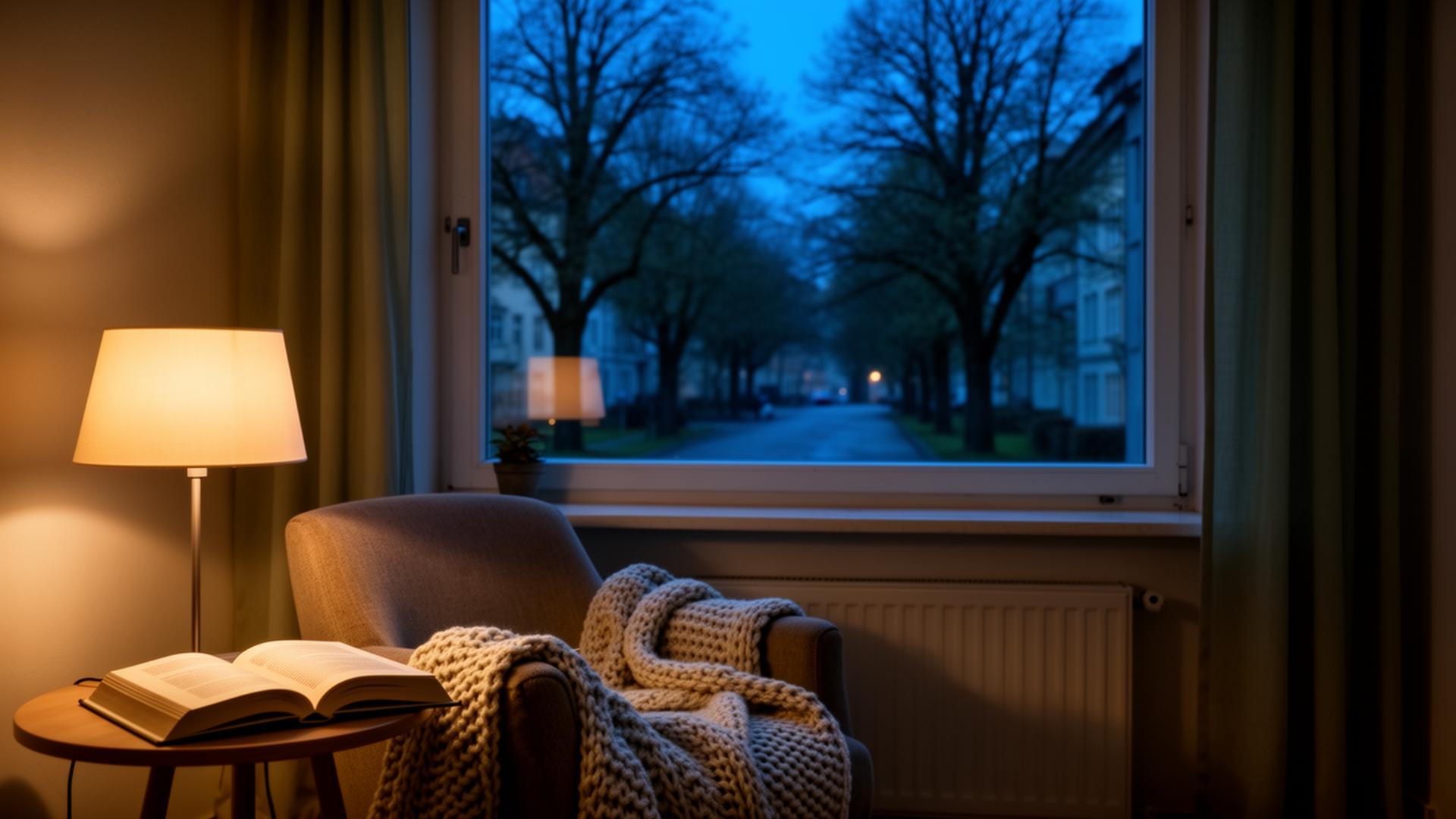 Ruhiges Wohnzimmer in der Dämmerung mit warmer Leselampe